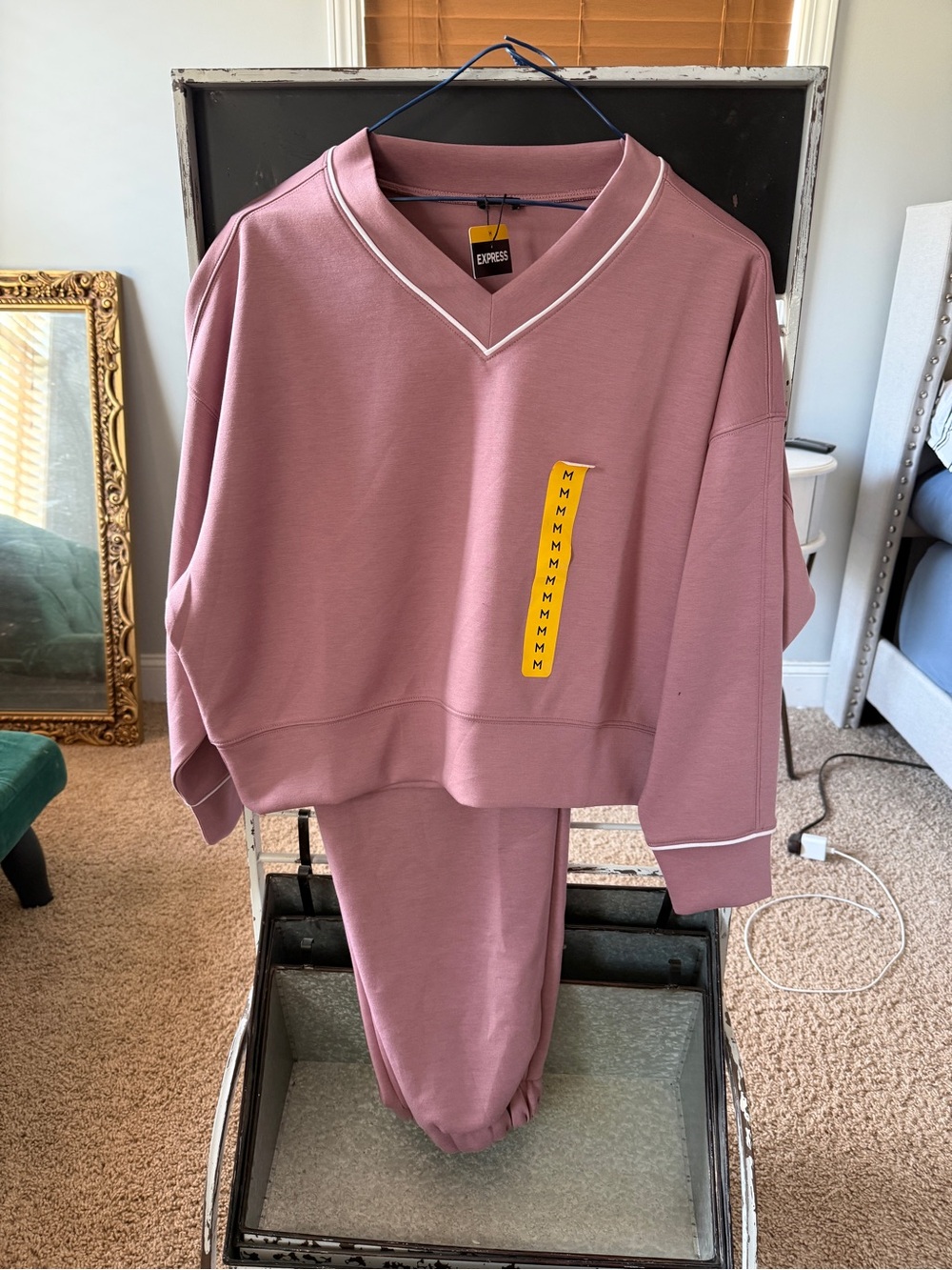 Express womens Dusty Rose V-Neck sweatshirt and cargo jogger Set